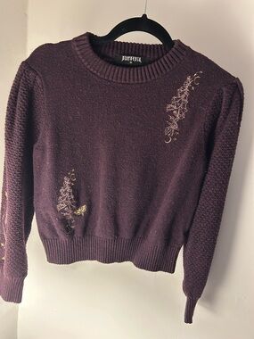 Disturbia Plum Crewneck Sweater with Gold Embroidery